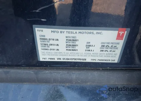 2012 Tesla Model S Performance/Signature Performance из США, поврежденный, VIN 5YJSA1CP3CFP01528